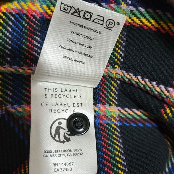 Outerknown Blanket Shirt Mens Large Black Rainbow Plaid Organic Cotton Shacket - Picture 9 of 9